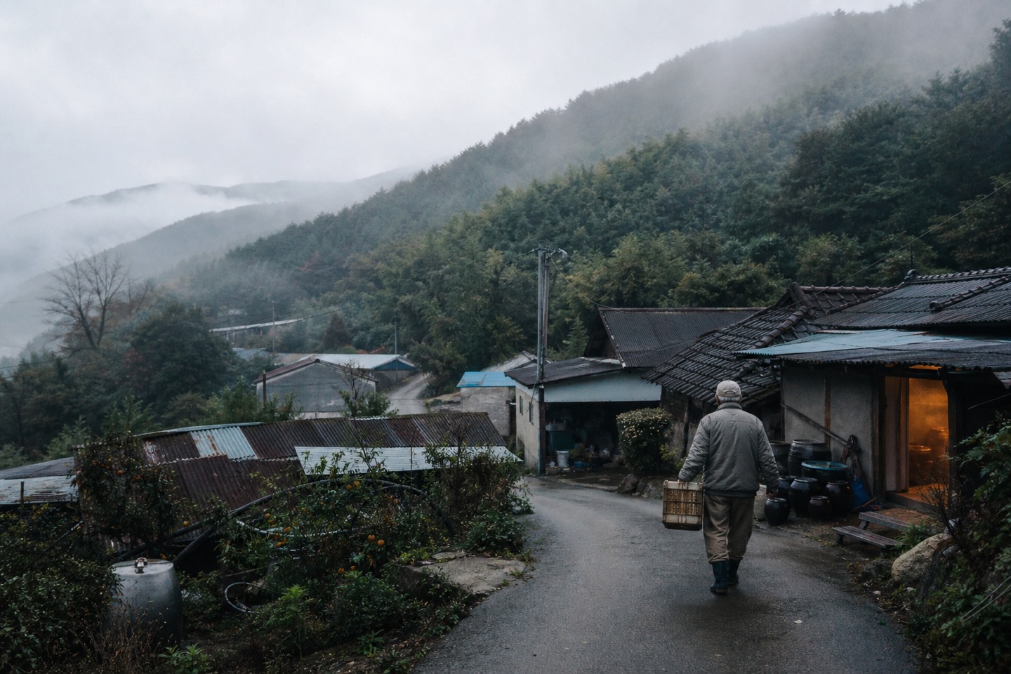 부산 산성마을의 안개 낀 길을 담은 편집 콘셉트 이미지