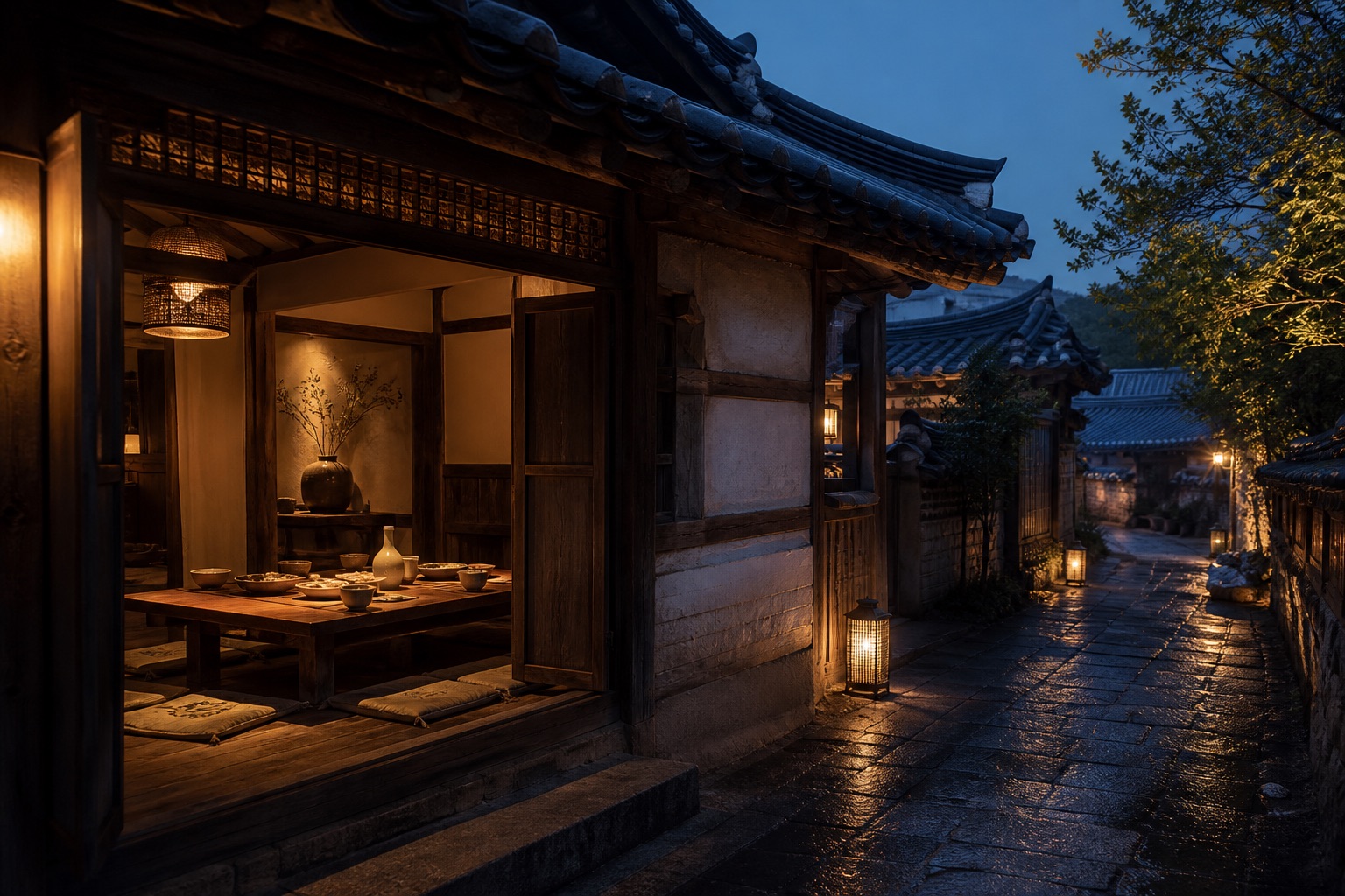 전주 한옥 골목과 작은 막걸리 식당의 저녁을 담은 편집 콘셉트 이미지