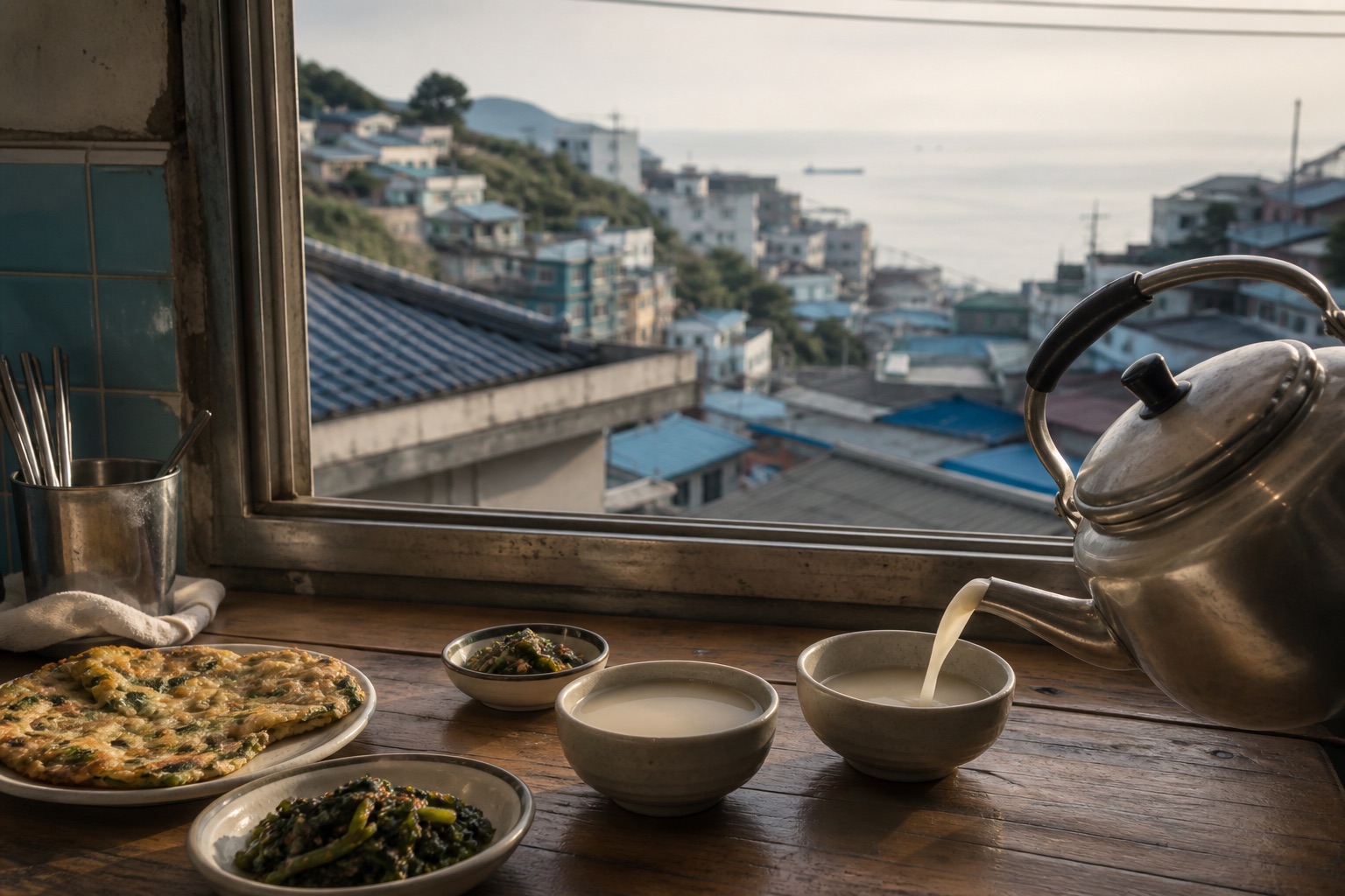 이야기 목록의 부산 생활주 카드: 바닷바람 부는 동네 식탁에서 술을 나누는 장면을 담은 편집 콘셉트 이미지